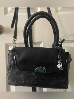 GUESS Black Embossed Logo Top-Handle Satchel with Charm